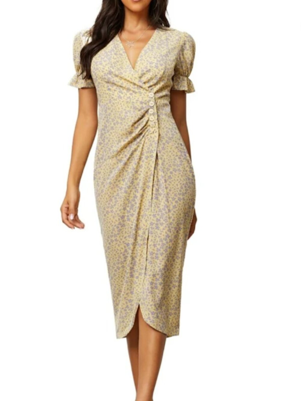 SHEIN Ditzy Puff Short Sleeve Floral Faux Wrap Dress